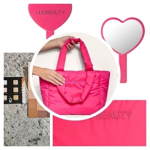 HUDA BEAUTY Hot Pink Padded Tote Bag & Mirror Bundle